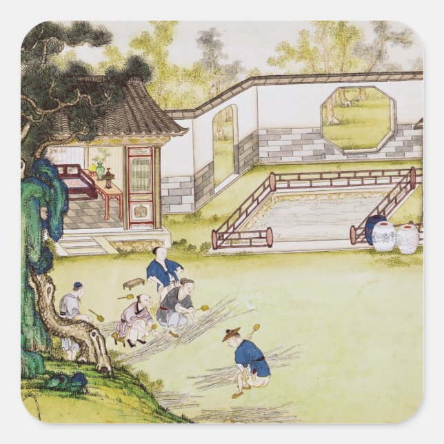 Adesivo Quadrado Reunindo bambu para fazer papel (Frente)