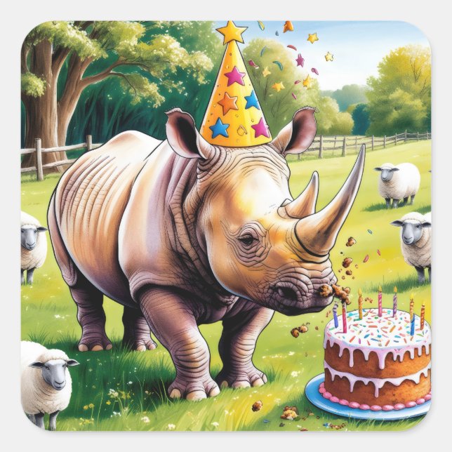 Adesivo Quadrado Rhino vestindo chapéu de aniversário no país inglê (Frente)