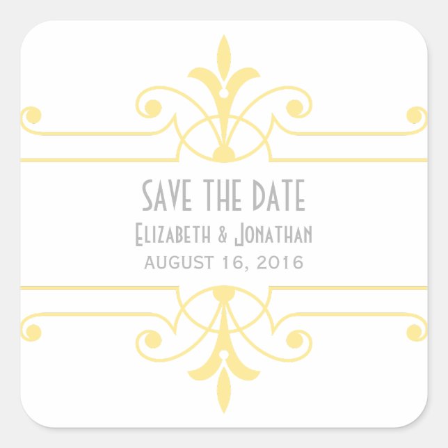 Adesivo Quadrado Rico amarelo v2 Ornamental Save the Date Stickers (Frente)