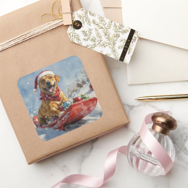 Adesivo Quadrado Ridgeback Cachorro de Rhodesian no Natal de Sledge (Presentear)