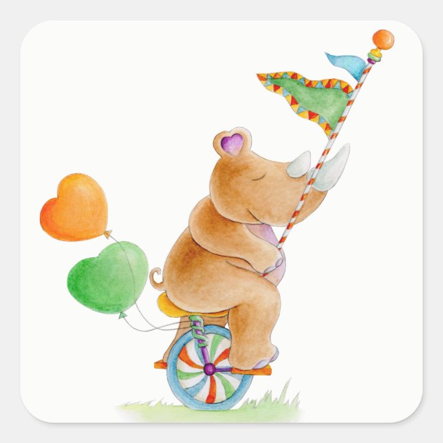 Adesivo Quadrado Rinocerontes sobre uma arte uniciclo de aquarela (Frente)