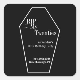 Adesivo Quadrado RIP, 20s, preto e branco, de aniversário de 30 ano