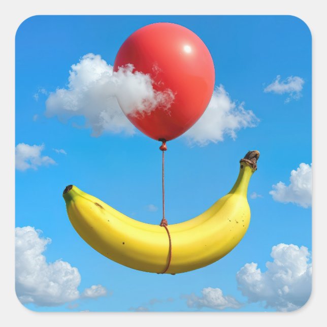 Adesivo Quadrado Ripe Banana Floating In Sky with Red Balloon (Frente)