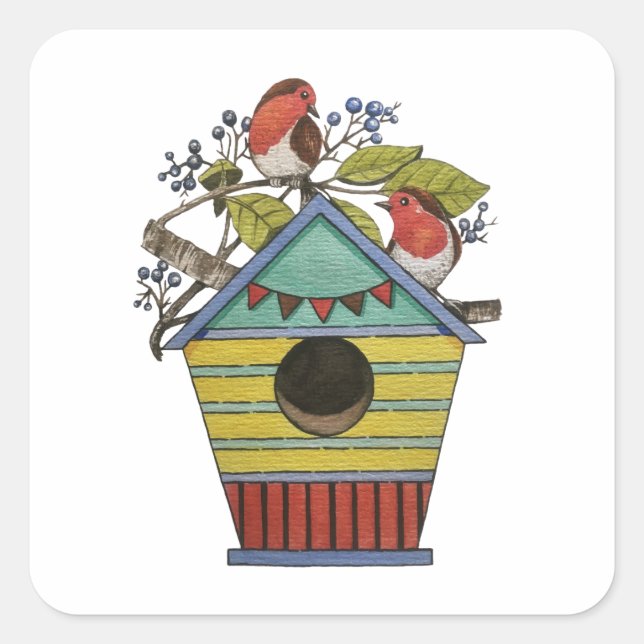 Adesivo Quadrado Robins Com Airelas E Birdhouse (Frente)
