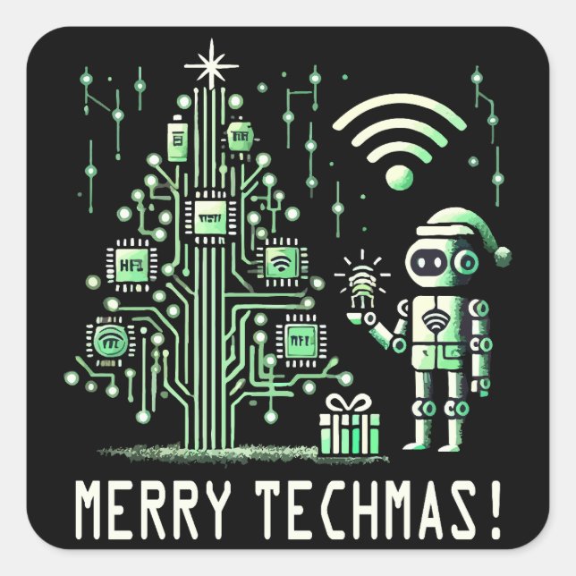Adesivo Quadrado Robô AI com Árvore de Natal Tech - Techmas de Feli (Frente)