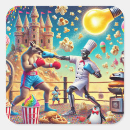 Adesivo Quadrado Robô Chef vs. Kangaroo Boxer Showdown