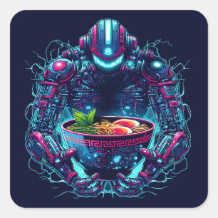 Adesivo Quadrado Robô Futurista Ciberpunk Neon Comida Ramen