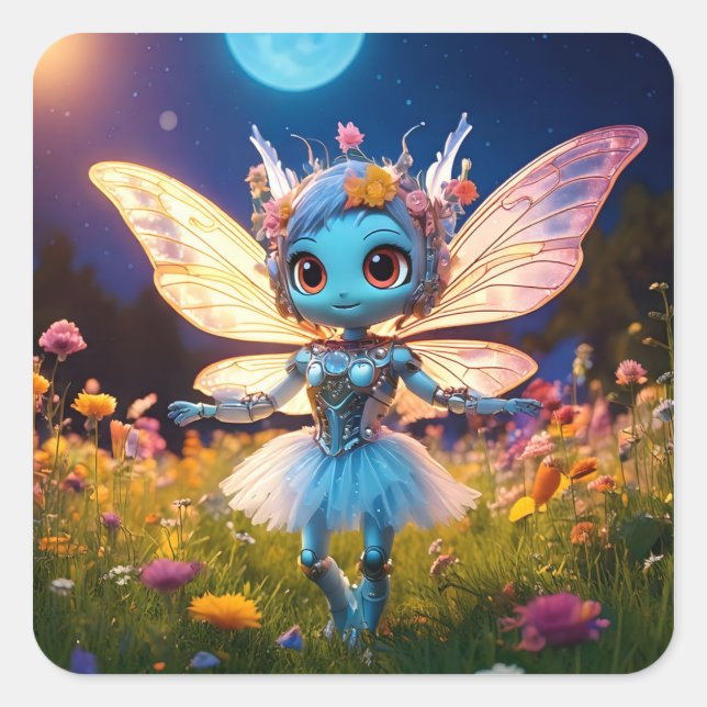 Adesivo Quadrado Robô Pixie Bailarina Dançando nos Flores Silvestre (Frente)