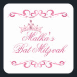Adesivo Quadrado Rochas rosa, Logotipo Tiara Bat Mitzvah<br><div class="desc">Rochas cor-de-rosa e Tiara com imagens digitais de pérolas cor-de-rosa e gemstone em forma de coração Bat Mitzvah Sticker. Você pode usá-lo para diferentes ocasiões.</div>