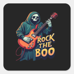 Adesivo Quadrado Rock the Boo - Halloween Skeleton Guitar Design