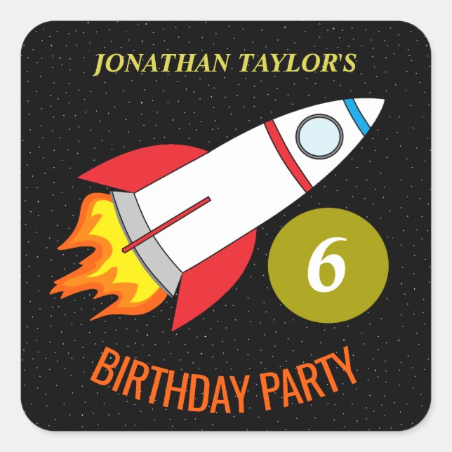 Adesivo Quadrado Rocket espacial para o Aniversário das Crianças da (Frente)