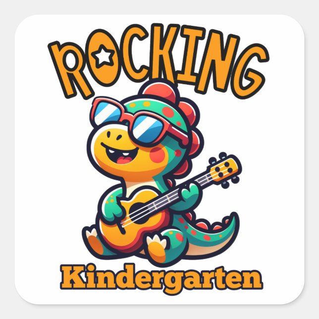 Adesivo Quadrado Rocking Kindergarten Dinosaur with guitar  (Frente)
