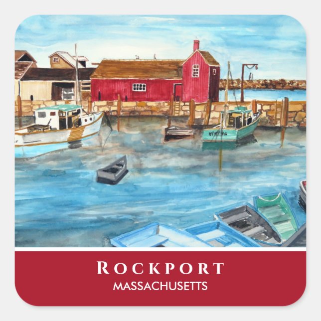 Adesivo Quadrado Rockport Harbor Massachusetts New England EUA (Frente)