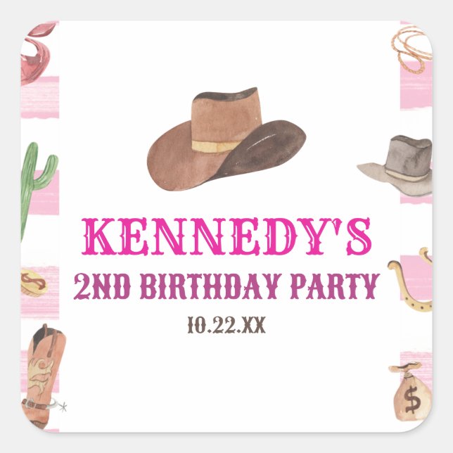 Adesivo Quadrado Rodeo Cowgirl Western Wild West Festa de aniversár (Frente)