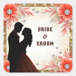 Adesivo Quadrado Romance de Casamento com Flor de Pêssego