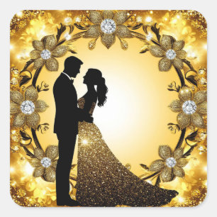 Adesivo Quadrado Romance de Casamento em Fundo Dourado