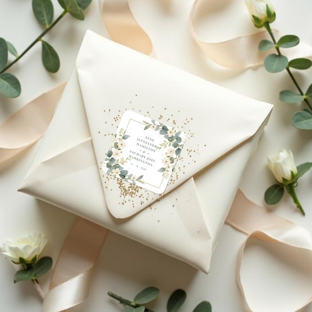 Adesivo Quadrado Romantic Charming Flowers & Branches Frame Wedding (Romantic Delicate Floral and Branch Frame Wedding Square Stickers.)