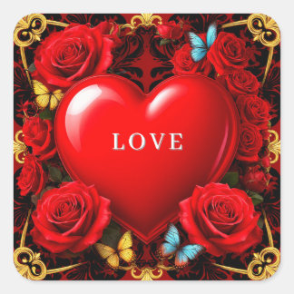 Adesivo Quadrado Romantic Red Heart Framed by Roses and Butterflies