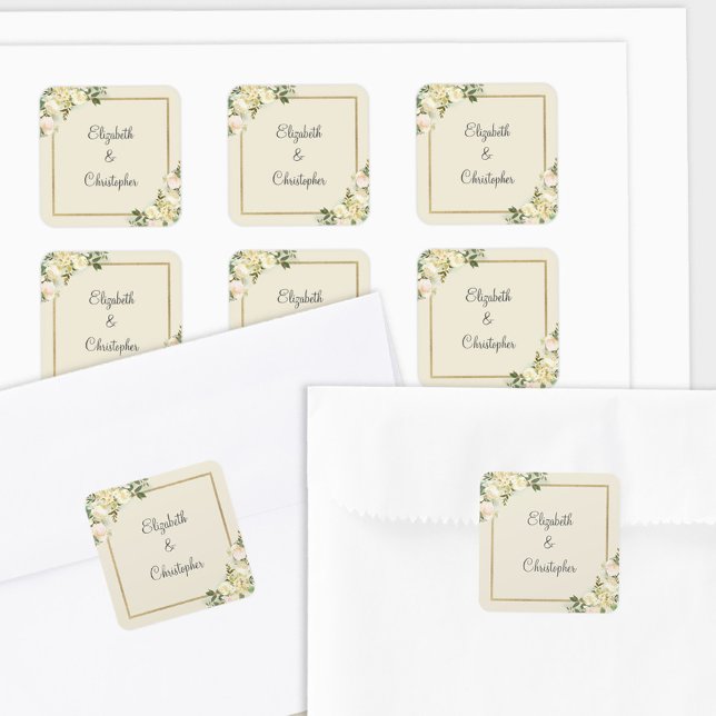 Adesivo Quadrado Romântica Elegante Casamento Floral Verde Dourado (Romantic Elegant Wedding Floral Greenery Gold Square Sticker)