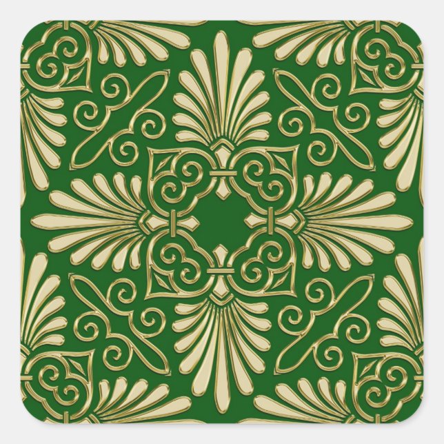 Adesivo Quadrado Romântica Retro Art Deco Damask Green Dourado 01 (Frente)
