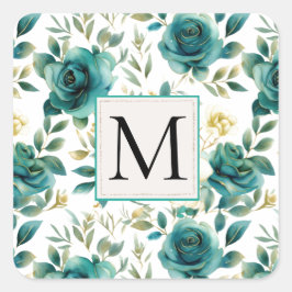 Adesivo Quadrado Romântico Creme Verde Rosa Floral Monograma Românt
