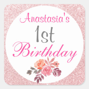 Adesivo Quadrado Rosa Bege Dourado Rosa Glitter Floral 1º Aniversár