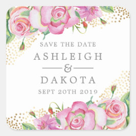 Adesivo Quadrado Rosa de Inglês Moderno Dourado Casamento Confetti