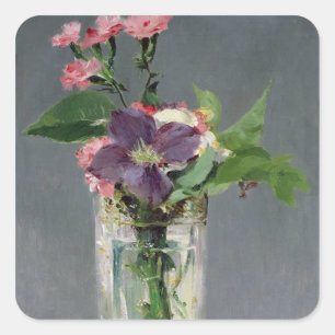 Adesivo Quadrado Rosa de Manet   e Clematis em um vaso de cristal,