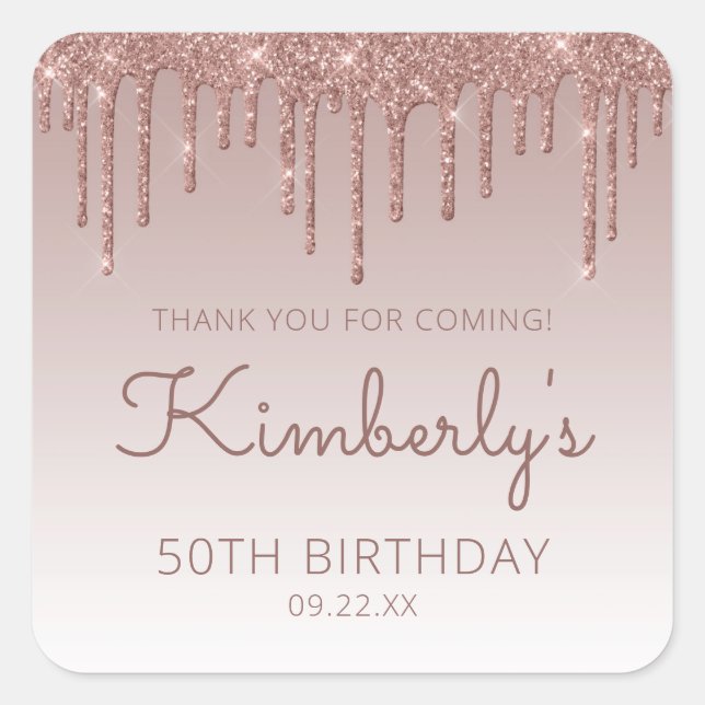 Adesivo Quadrado Rosa Dourada Glitter Drip 50º Aniversário Obrigado (Frente)