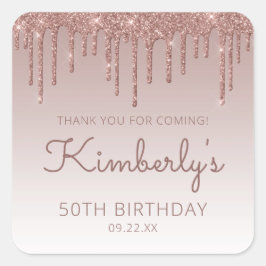 Adesivo Quadrado Rosa Dourada Glitter Drip 50º Aniversário Obrigado
