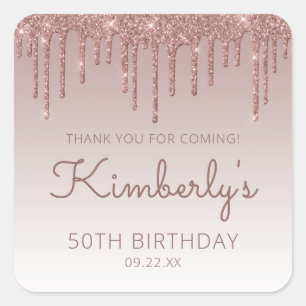 Adesivo Quadrado Rosa Dourada Glitter Drip 50º Aniversário Obrigado