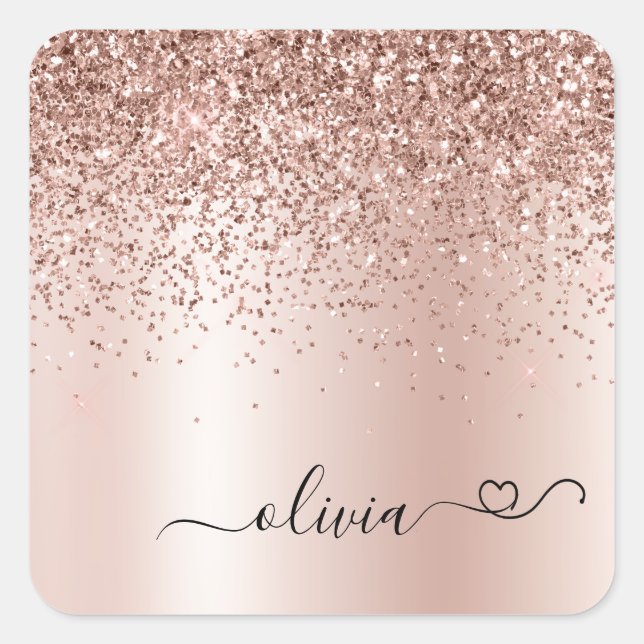 Adesivo Quadrado Rosa Dourado - Brilho Rosa Bege Glitter Monograma  (Frente)