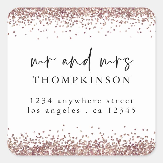 Adesivo Quadrado Rosa Dourado Glitter Sr Sra. Nome Endereço de reto (Frente)