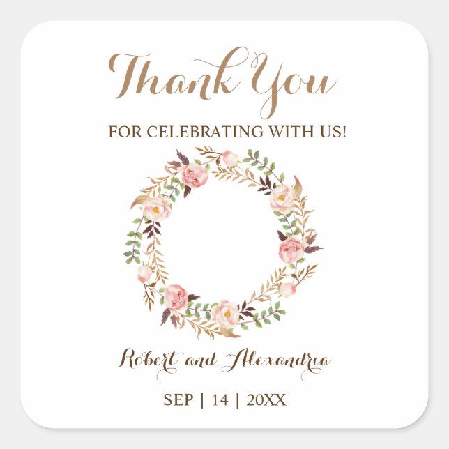 Adesivo Quadrado Rosa Floral Obrigado por Vir Casar (Frente)