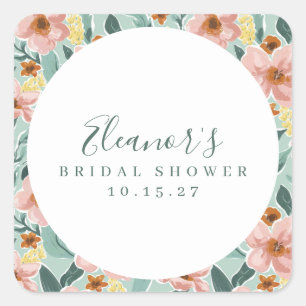 Adesivo Quadrado Rosa Floral Script Noiva Mint Sage Personalizado B