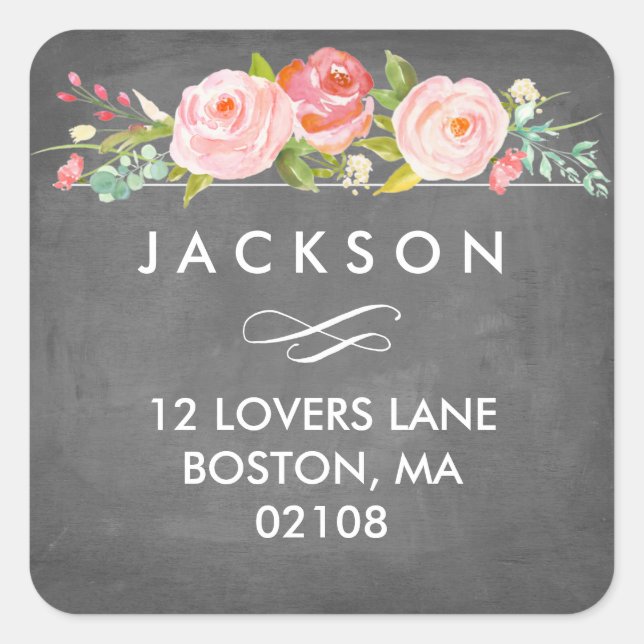 Adesivo Quadrado Rosa Garden Floral Address Sticker (Frente)