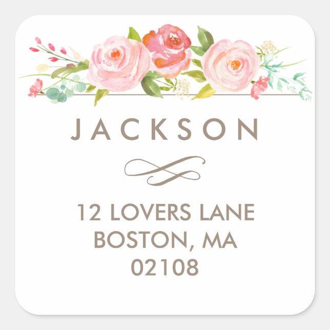 Adesivo Quadrado Rosa Garden Floral Address Sticker (Frente)