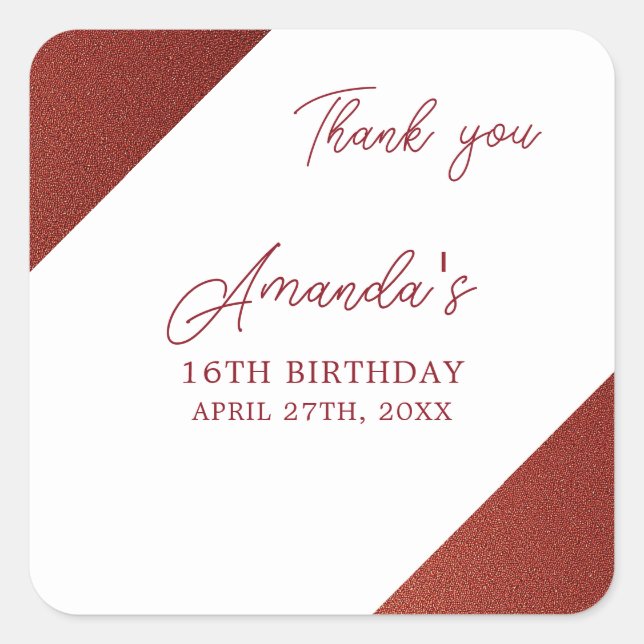 Adesivo Quadrado Rosa moderno Dourado de Cobre Glitter Doce 16 Aniv (Frente)