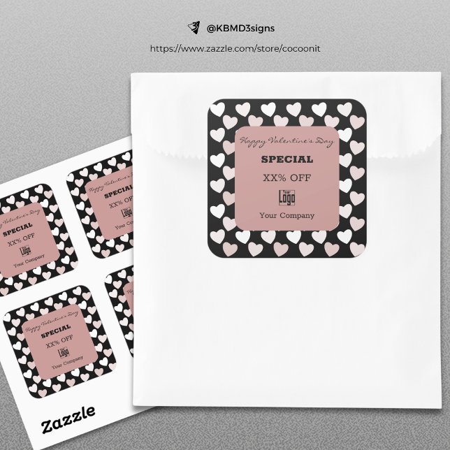 Adesivo Quadrado Rosa Preto Especial do Dia de os namorados Moderno (Modern Valentine's Day Special Black Pink Square Sticker, Marketing Tool)