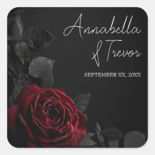 Adesivo Quadrado Rosa Vermelha em Nome Personalizado Floral Preto e