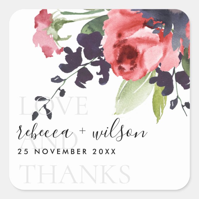 ADESIVO QUADRADO ROSA VERMELHA PEDAÇO FLORAL E OBRIGADOS CASAMENTO (Frente)