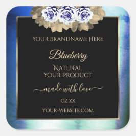 Adesivo Quadrado Rosas Azuis Florais Rótulo de Produto Preto Frame