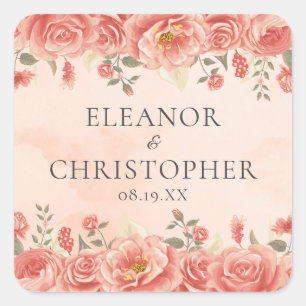 Adesivo Quadrado Rosas Corais Chic Aquarela Pêssego Casamento Flora