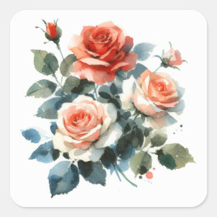 Adesivo Quadrado Rosas de Aquarelas do Scrapbooking Sticker