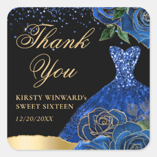 Adesivo Quadrado Rosas de gesso de glitter azuis e Dourados Doces 1