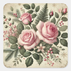 Adesivo Quadrado Rosas de Natal Rosa Vintage Elegante
