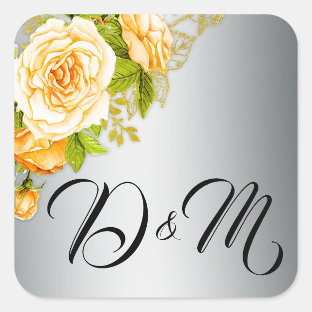 Adesivo Quadrado Rosas Dourados e Casamento Prateado (Frente)