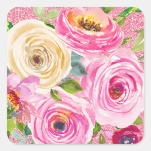 Adesivo Quadrado Rosas em Aquarela em Rosa e Creme com Brilho Rosa