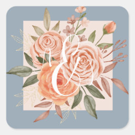 Adesivo Quadrado Rosas em tons de pêssego em aquarela e azul poeire