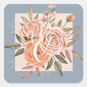 Adesivo Quadrado Rosas em tons de pêssego em aquarela e azul poeire